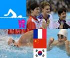 Мужской плавательный 200 метров вольным стилем подиум, Yannick Хрящев (Франция), солнце Ян (Китай) и парк Тхэ Хван (Южная Корея) - Лондон-2012-
